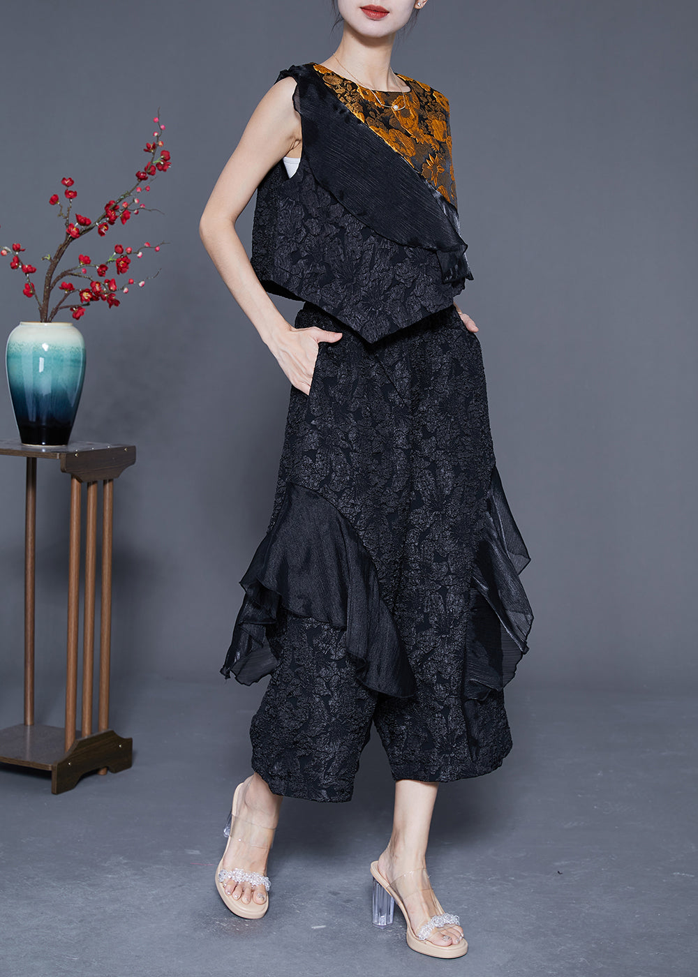 Black Patchwork Silk Two Piece Set Women Clothing Ruffles Jacquard Summer LY4819 - fabuloryshop