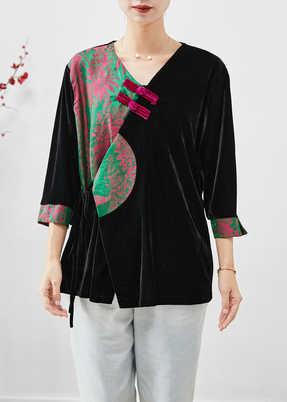 Black Patchwork Silk Velour Shirts Bracelet Chinese Button Sleeve Ada Fashion