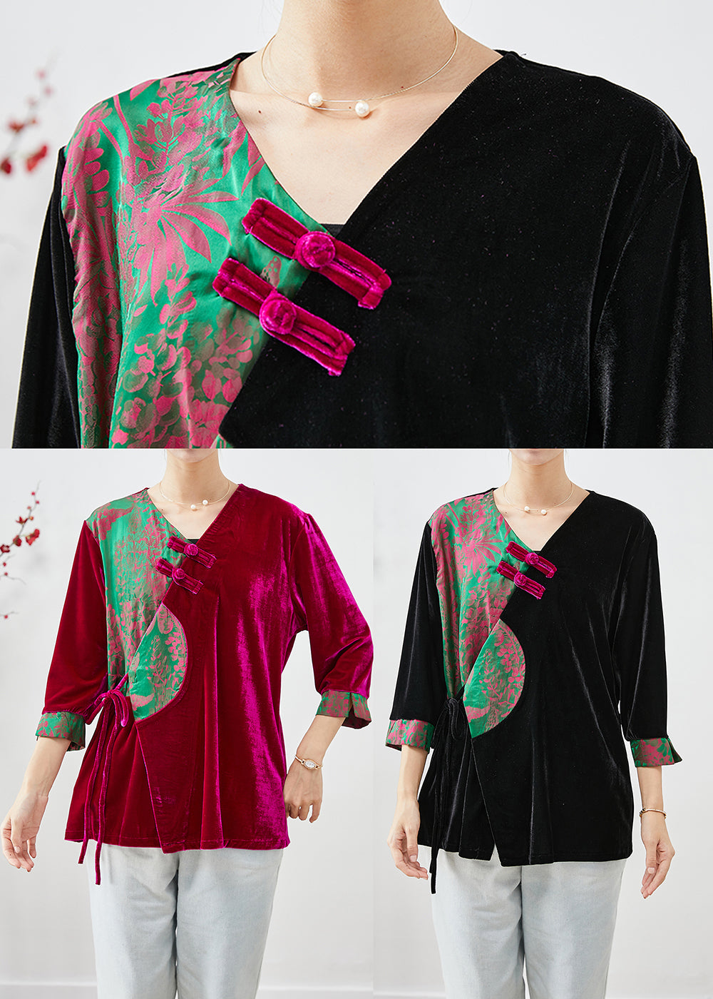 Black Patchwork Silk Velour Shirts Bracelet Chinese Button Sleeve Ada Fashion