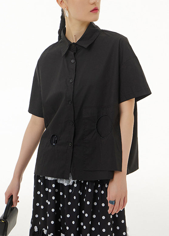 Black Patchwork Solid Cotton Shirt Short Sleeve LY1195 - fabuloryshop