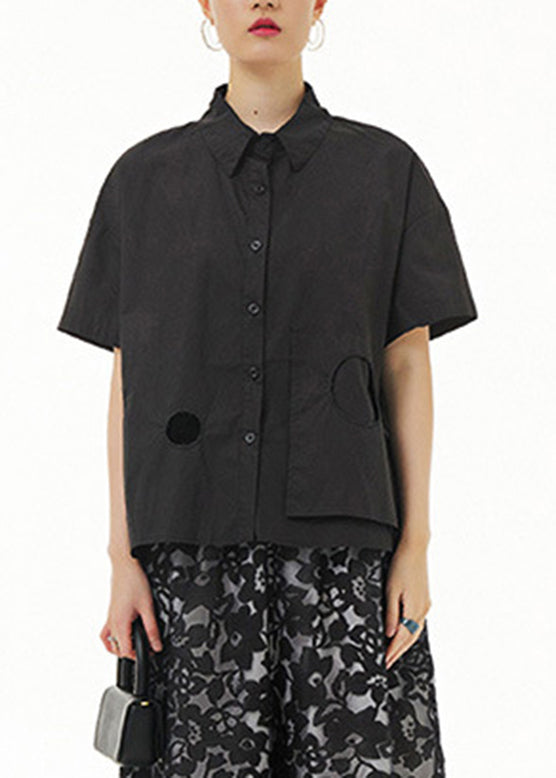 Black Patchwork Solid Cotton Shirt Short Sleeve LY1195 - fabuloryshop