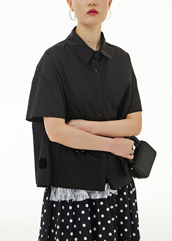 Black Patchwork Solid Cotton Shirt Short Sleeve LY1195 - fabuloryshop