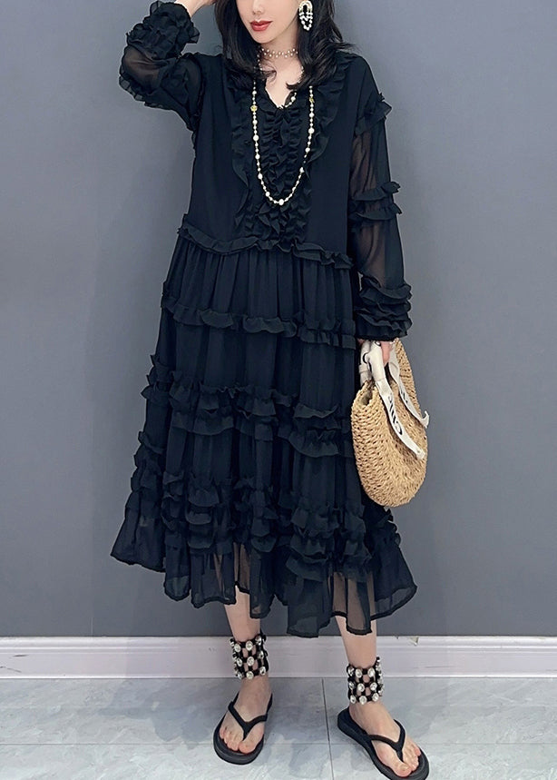 Black Patchwork Solid Holiday Chiffon Maxi Dress Long Sleeve LC0321 - fabuloryshop