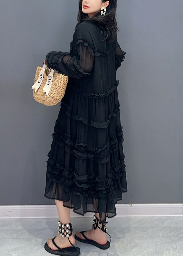 Black Patchwork Solid Holiday Chiffon Maxi Dress Long Sleeve LC0321 - fabuloryshop