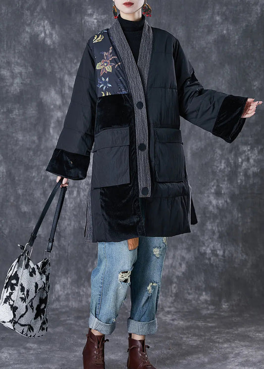 Black Patchwork Thick Fine Cotton Filled Parkas Oversized Pockets Winter Ada Fashion