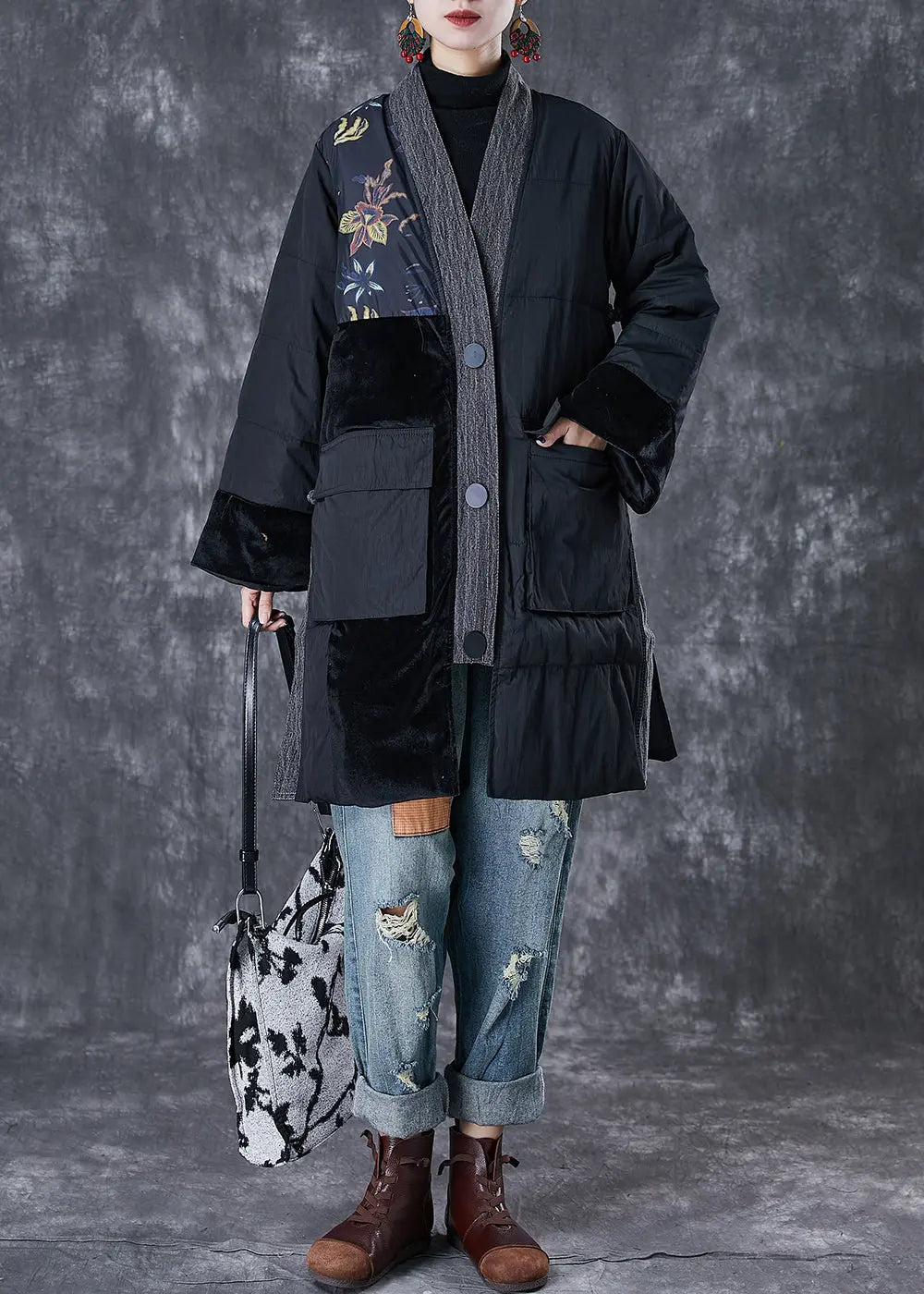 Black Patchwork Thick Fine Cotton Filled Parkas Oversized Pockets Winter Ada Fashion