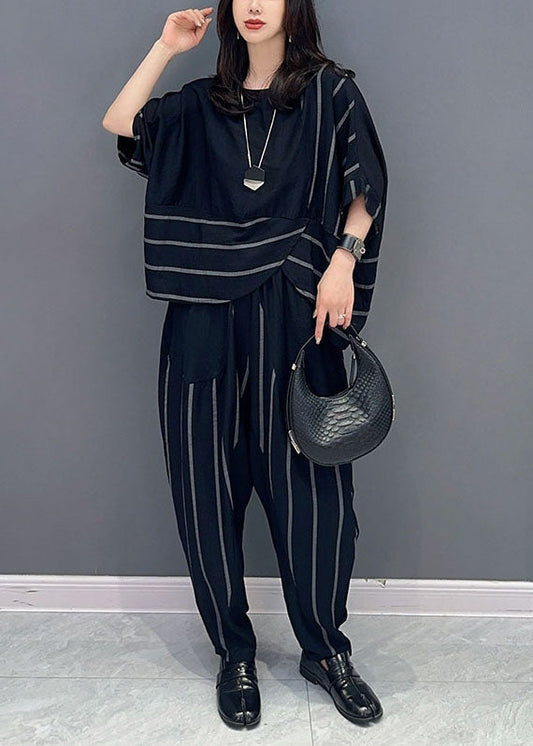 Black Patchwork Tops And Pants Cotton Two-Piece Set O-Neck Striped Summer LY5742 - fabuloryshop