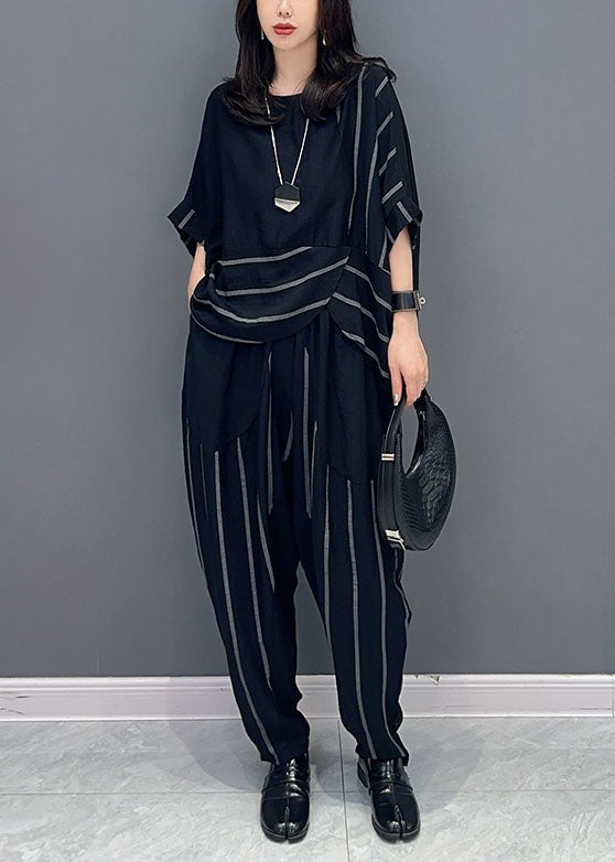 Black Patchwork Tops And Pants Cotton Two-Piece Set O-Neck Striped Summer LY5742 - fabuloryshop