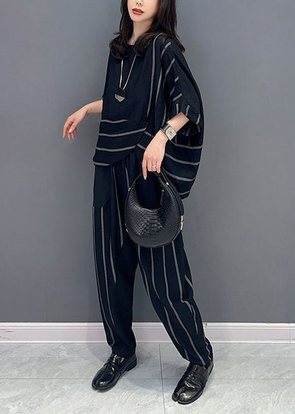 Black Patchwork Tops And Pants Cotton Two-Piece Set O-Neck Striped Summer LY5742 - fabuloryshop