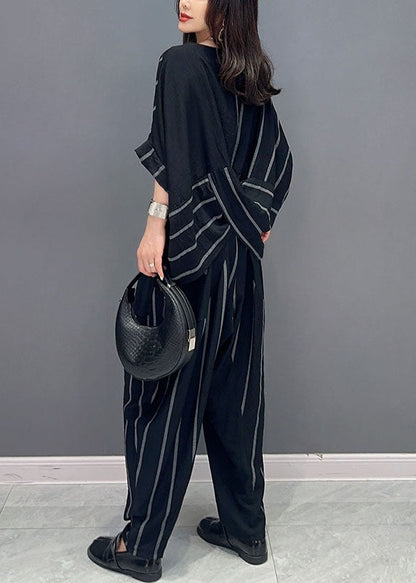 Black Patchwork Tops And Pants Cotton Two-Piece Set O-Neck Striped Summer LY5742 - fabuloryshop