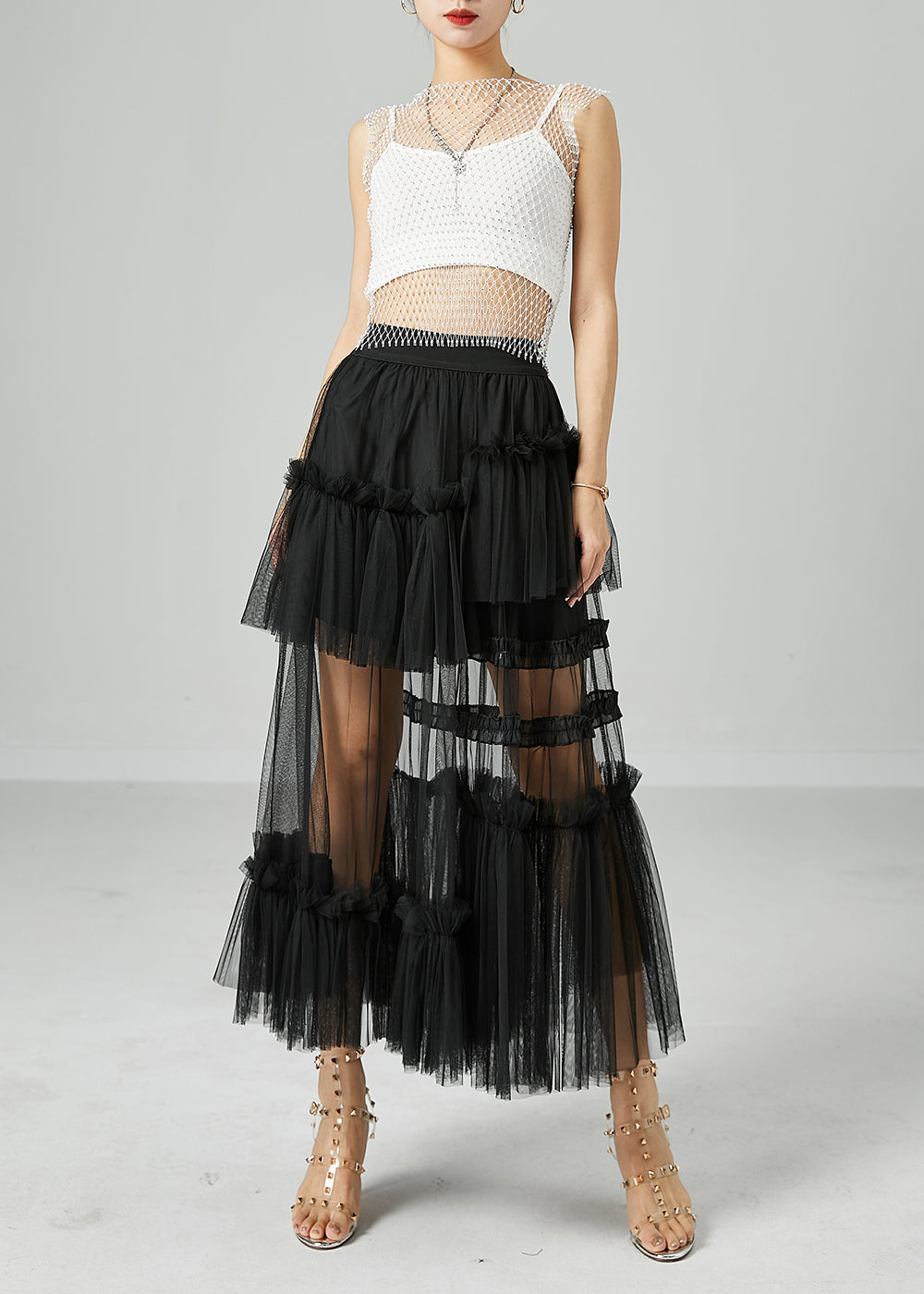 Black Patchwork Tulle A Line Skirts Wrinkled Exra Large Hem Summer LY2418