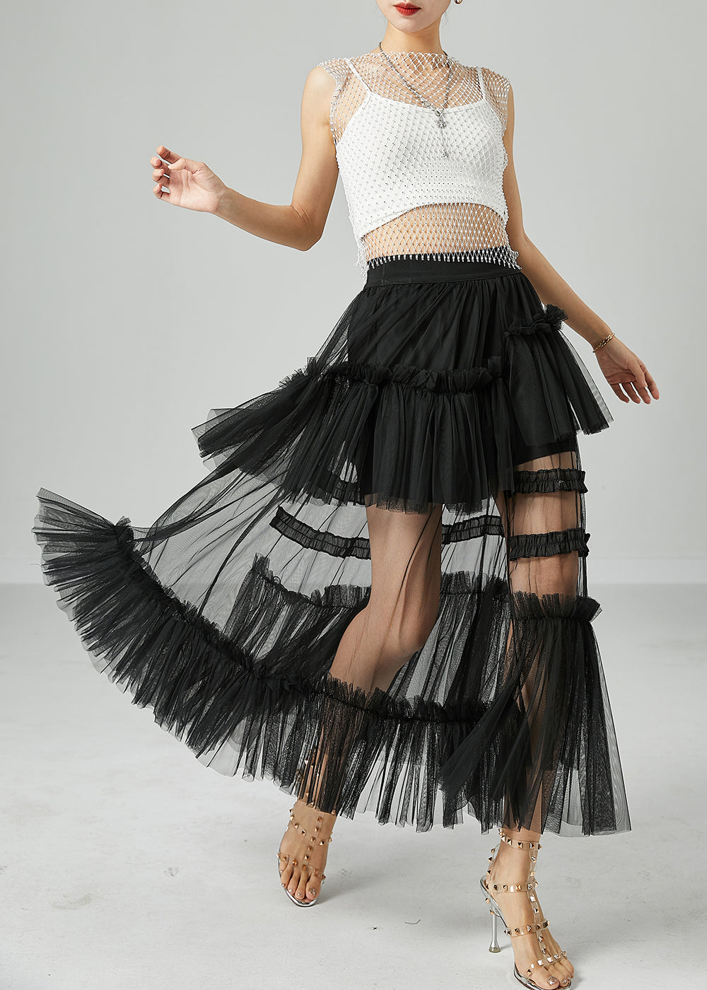 Black Patchwork Tulle A Line Skirts Wrinkled Exra Large Hem Summer LY2418 - fabuloryshop