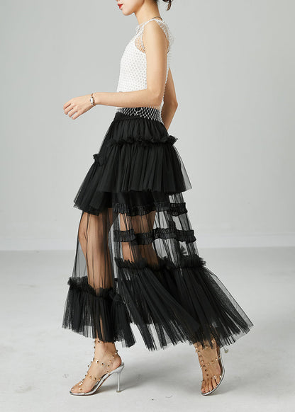 Black Patchwork Tulle A Line Skirts Wrinkled Exra Large Hem Summer LY2418 - fabuloryshop