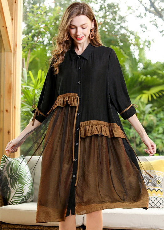 Black Patchwork Tulle Holiday Dress Peter Pan Collar Ruffles Half Sleeve LY0347 - fabuloryshop