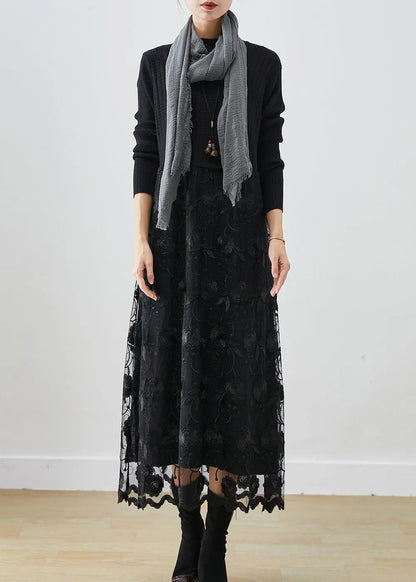 Black Patchwork Tulle Knit Holiday Dress Embroideried Fall Ada Fashion