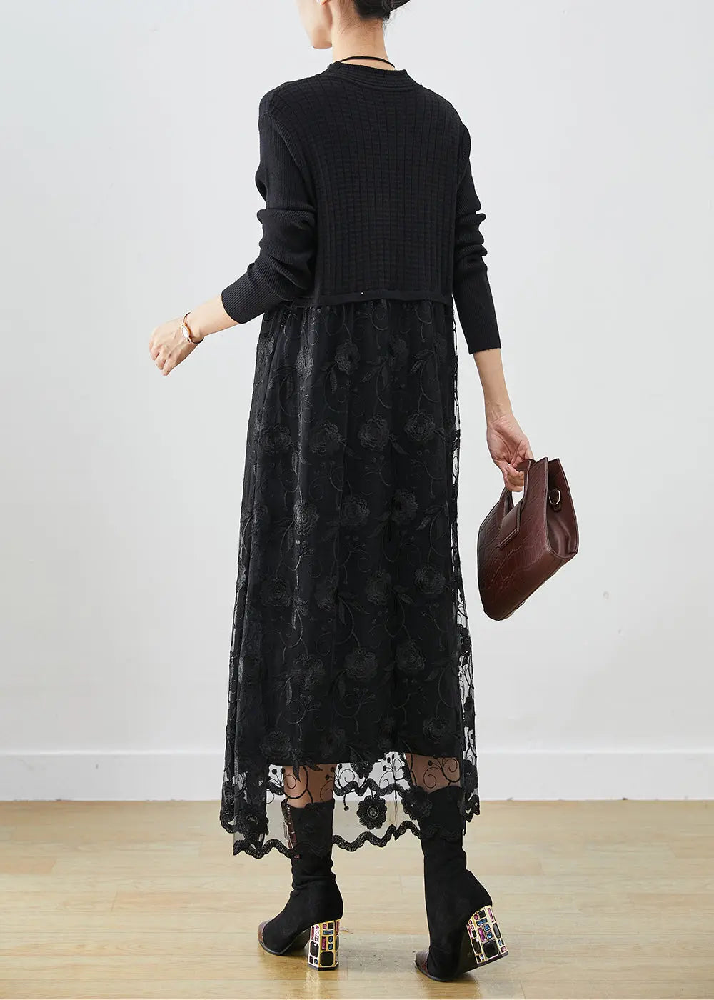 Black Patchwork Tulle Knit Holiday Dress Embroideried Fall Ada Fashion