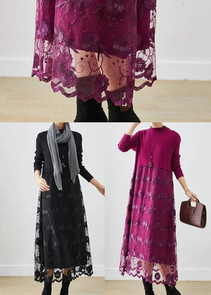 Black Patchwork Tulle Knit Holiday Dress Embroideried Fall Ada Fashion