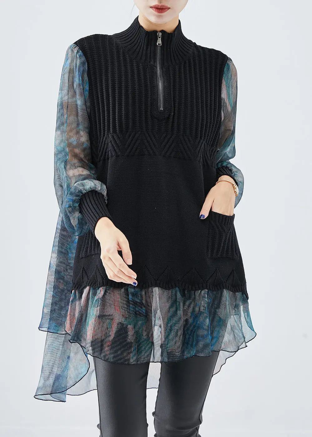 Black Patchwork Tulle Knit Shirts Tie Dye Fall Ada Fashion