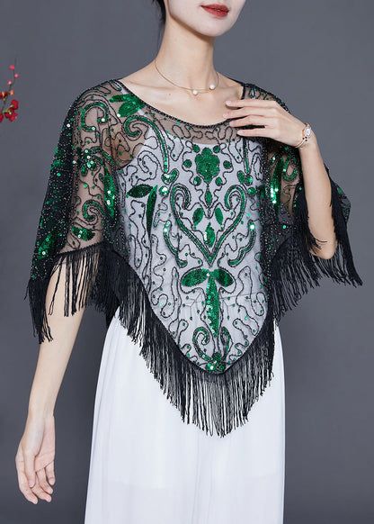 Black Patchwork Tulle Smock Sequins Tassel Summer LY5543 - fabuloryshop