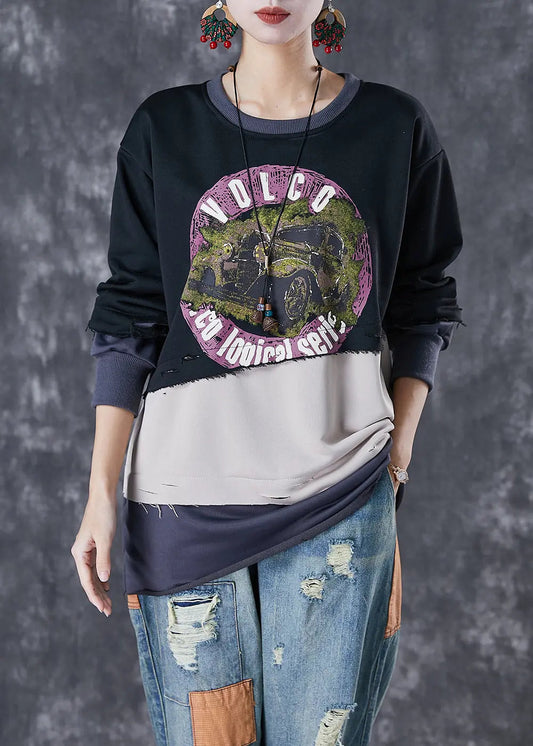 Black Patchwork Warm Fleece Ripped Pullover Sweatshirt Oversized Winter Ada Fashion