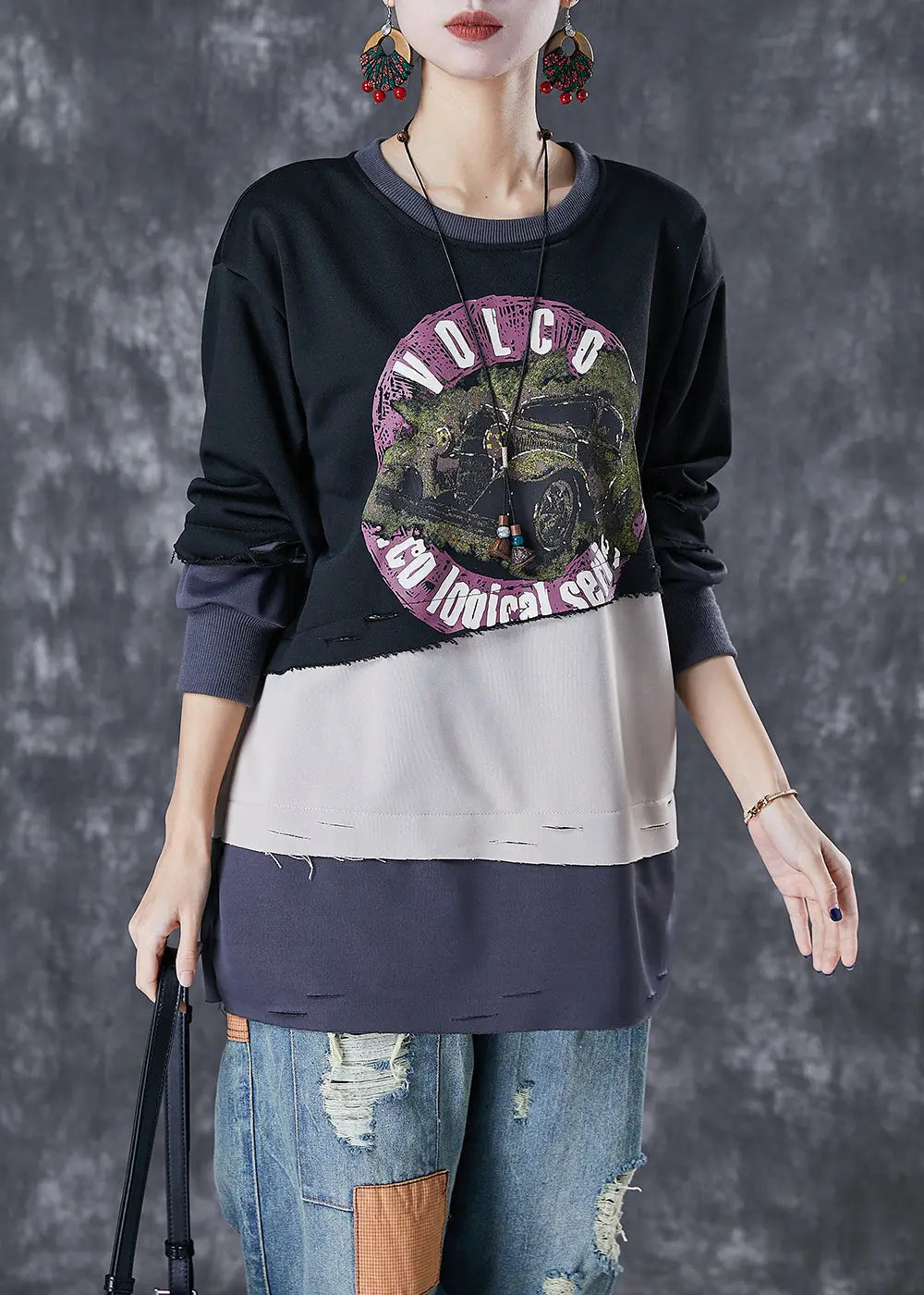 Black Patchwork Warm Fleece Ripped Pullover Sweatshirt Oversized Winter Ada Fashion