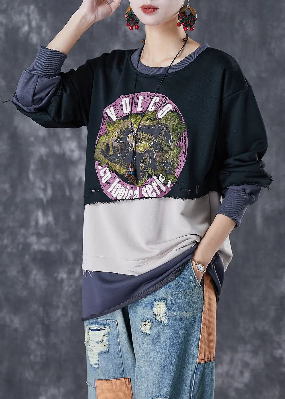 Black Patchwork Warm Fleece Ripped Pullover Sweatshirt Oversized Winter Ada Fashion