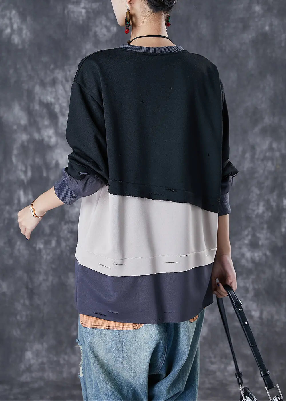 Black Patchwork Warm Fleece Ripped Pullover Sweatshirt Oversized Winter Ada Fashion