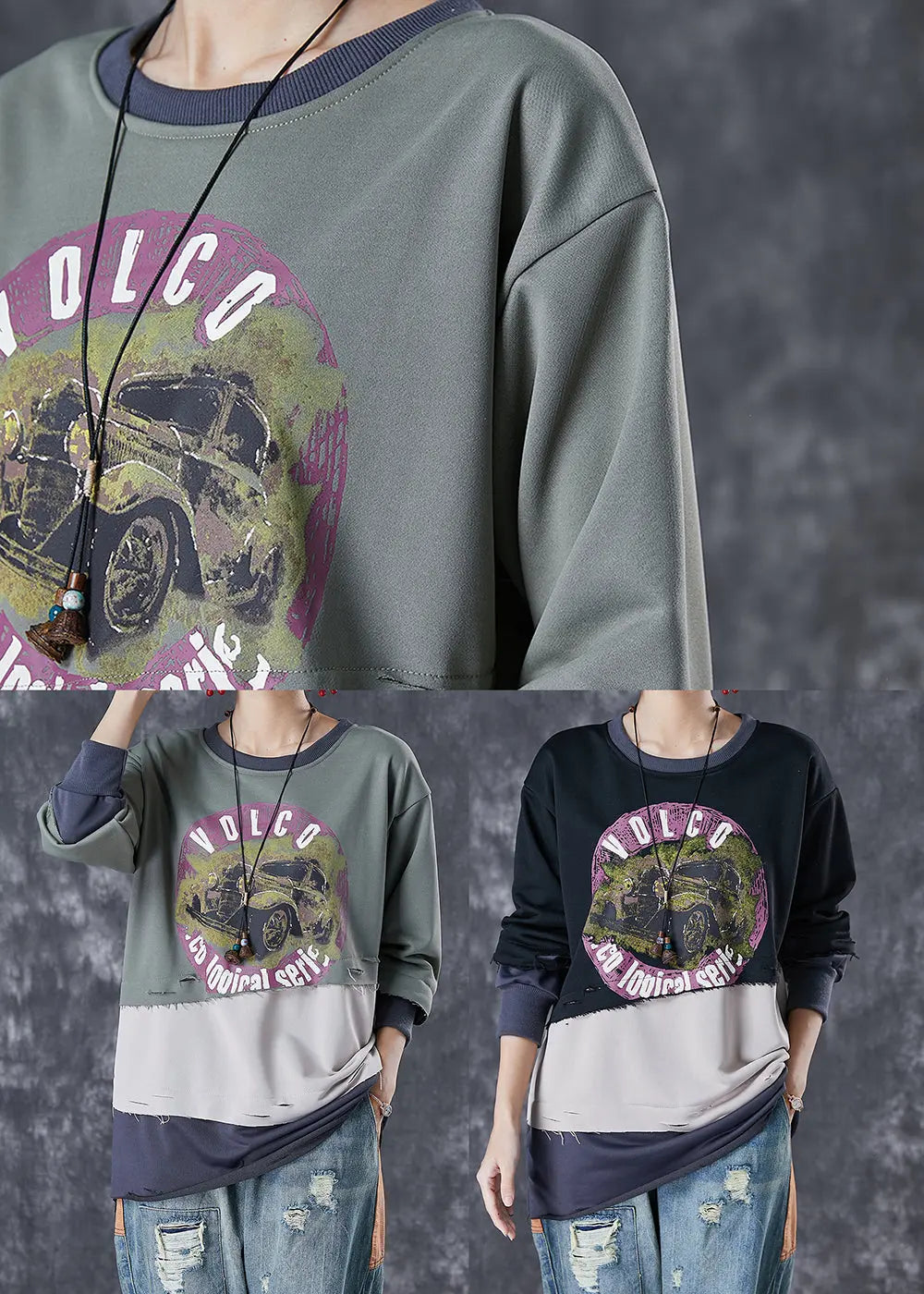 Black Patchwork Warm Fleece Ripped Pullover Sweatshirt Oversized Winter Ada Fashion