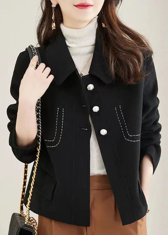 Black Patchwork Woolen Coat Peter Pan Collar Button Fall Ada Fashion