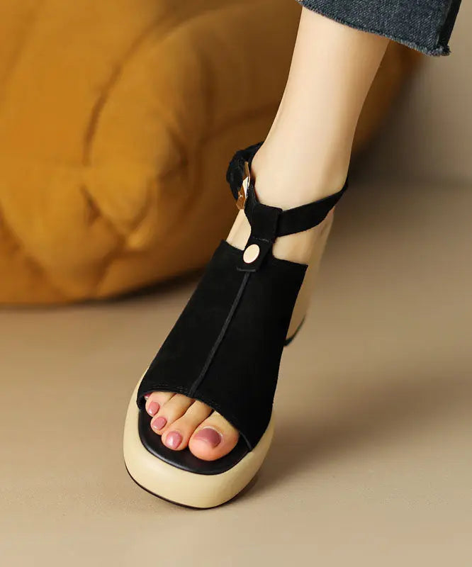 Black Peep Toe Buckle Strap Splicing Suede Chunky High Heels Ada Fashion