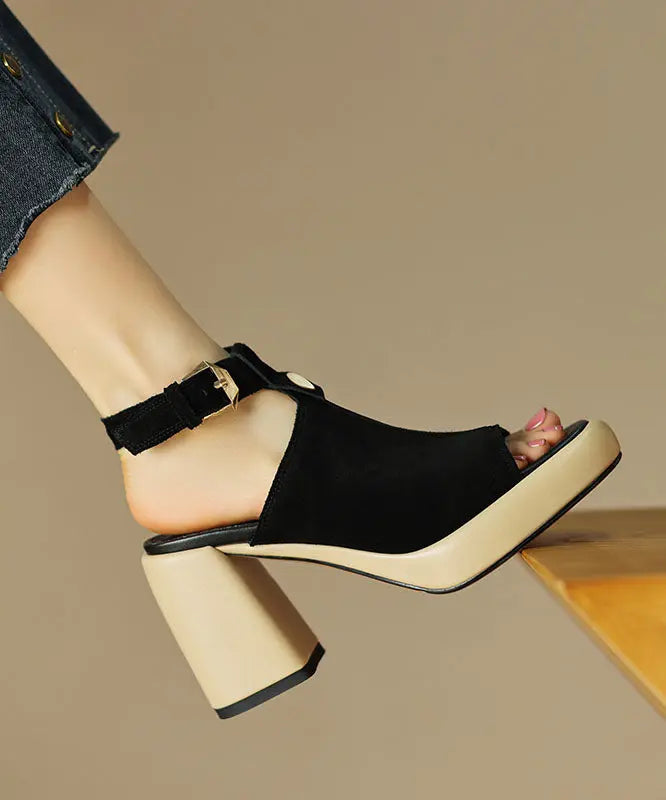 Black Peep Toe Buckle Strap Splicing Suede Chunky High Heels Ada Fashion