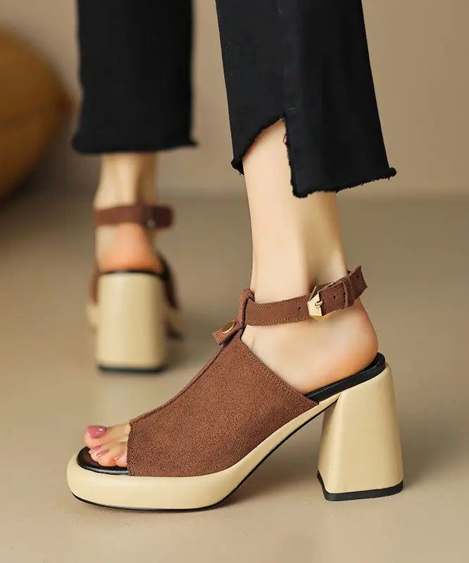 Black Peep Toe Buckle Strap Splicing Suede Chunky High Heels Ada Fashion