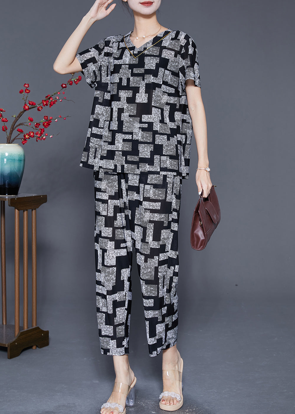 Black Plaid Chiffon Two Piece Suit Set V Neck Summer Ada Fashion