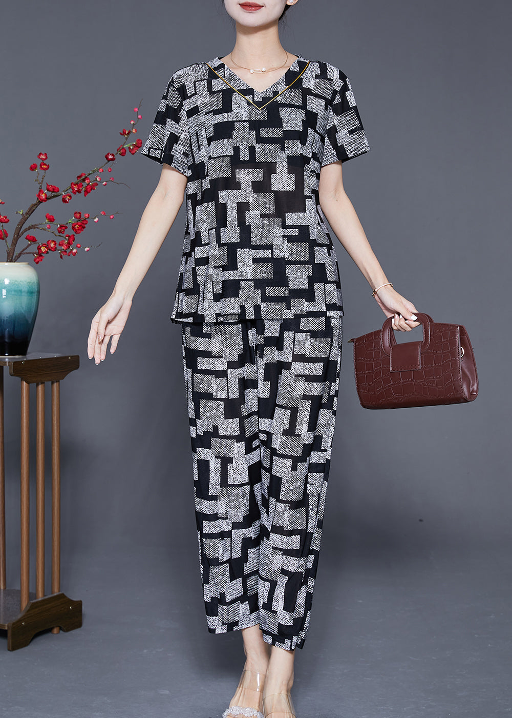 Black Plaid Chiffon Two Piece Suit Set V Neck Summer Ada Fashion