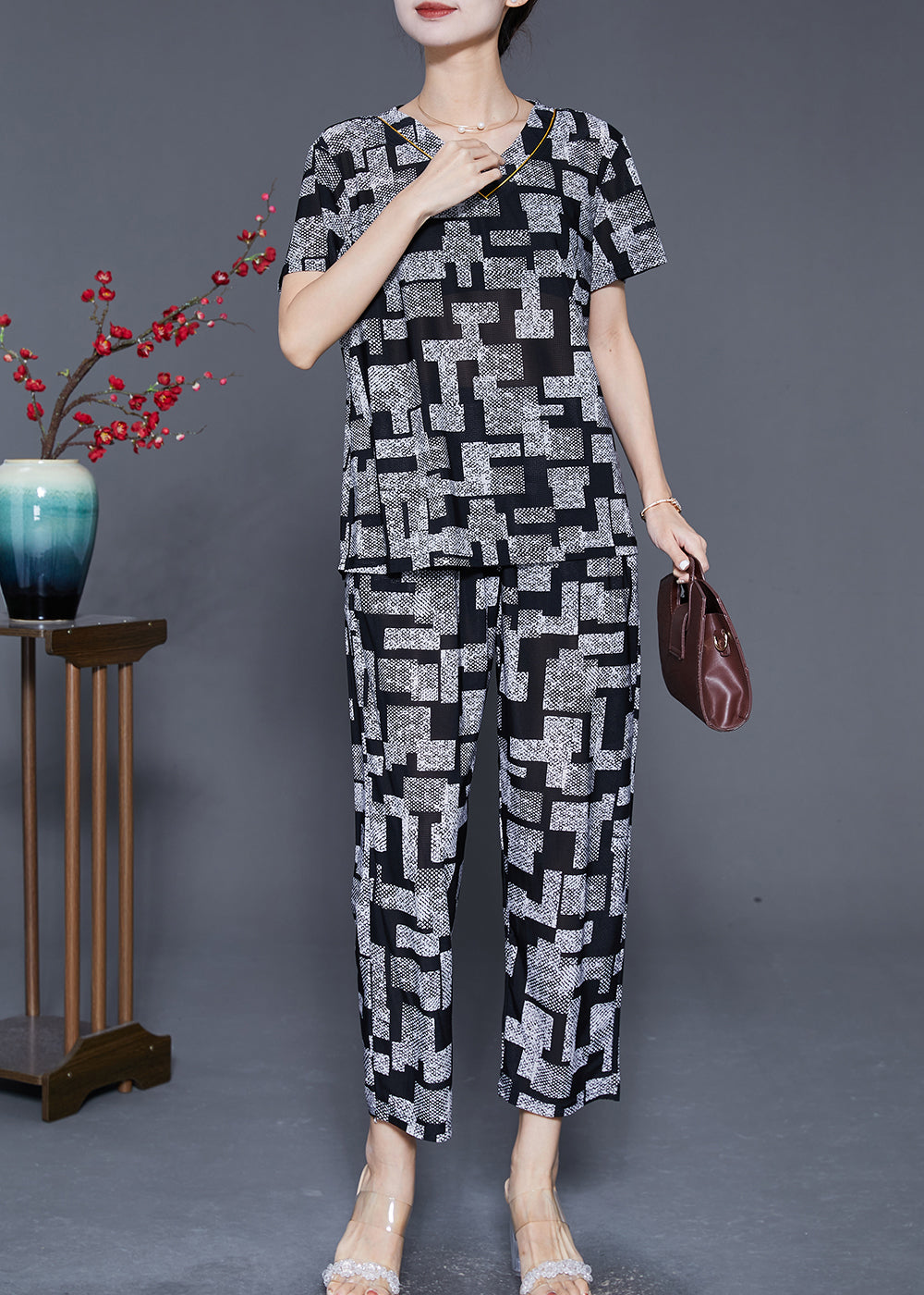 Black Plaid Chiffon Two Piece Suit Set V Neck Summer Ada Fashion