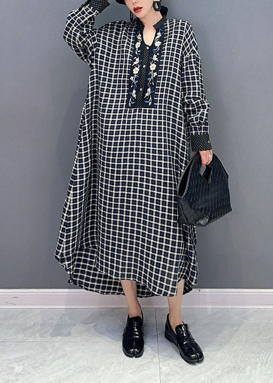 Black Plaid Cotton Robe Dresses Stand Collar Oversized Spring LY1573 - fabuloryshop