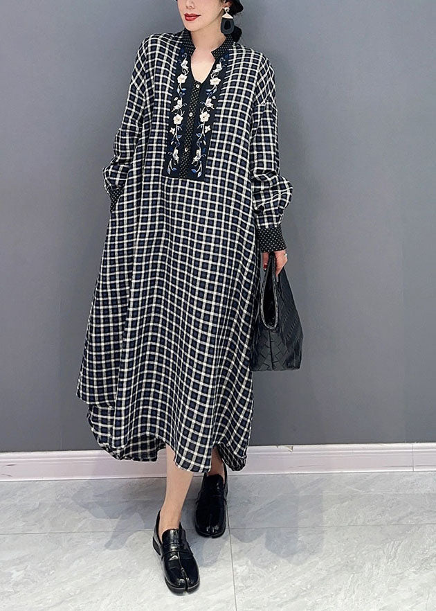 Black Plaid Cotton Robe Dresses Stand Collar Oversized Spring LY1573 - fabuloryshop