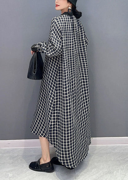 Black Plaid Cotton Robe Dresses Stand Collar Oversized Spring LY1573 - fabuloryshop