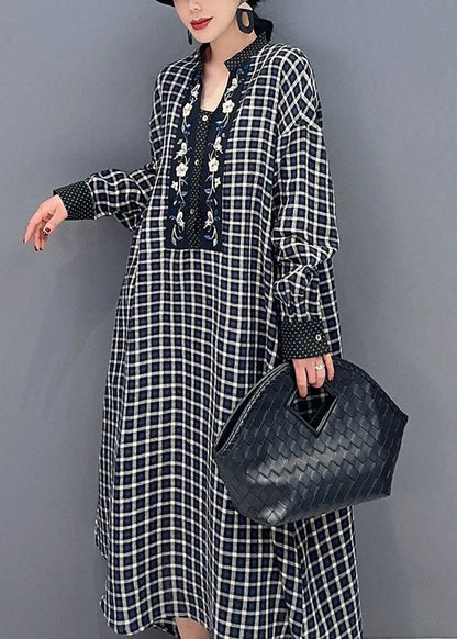 Black Plaid Cotton Robe Dresses Stand Collar Oversized Spring LY1573 - fabuloryshop