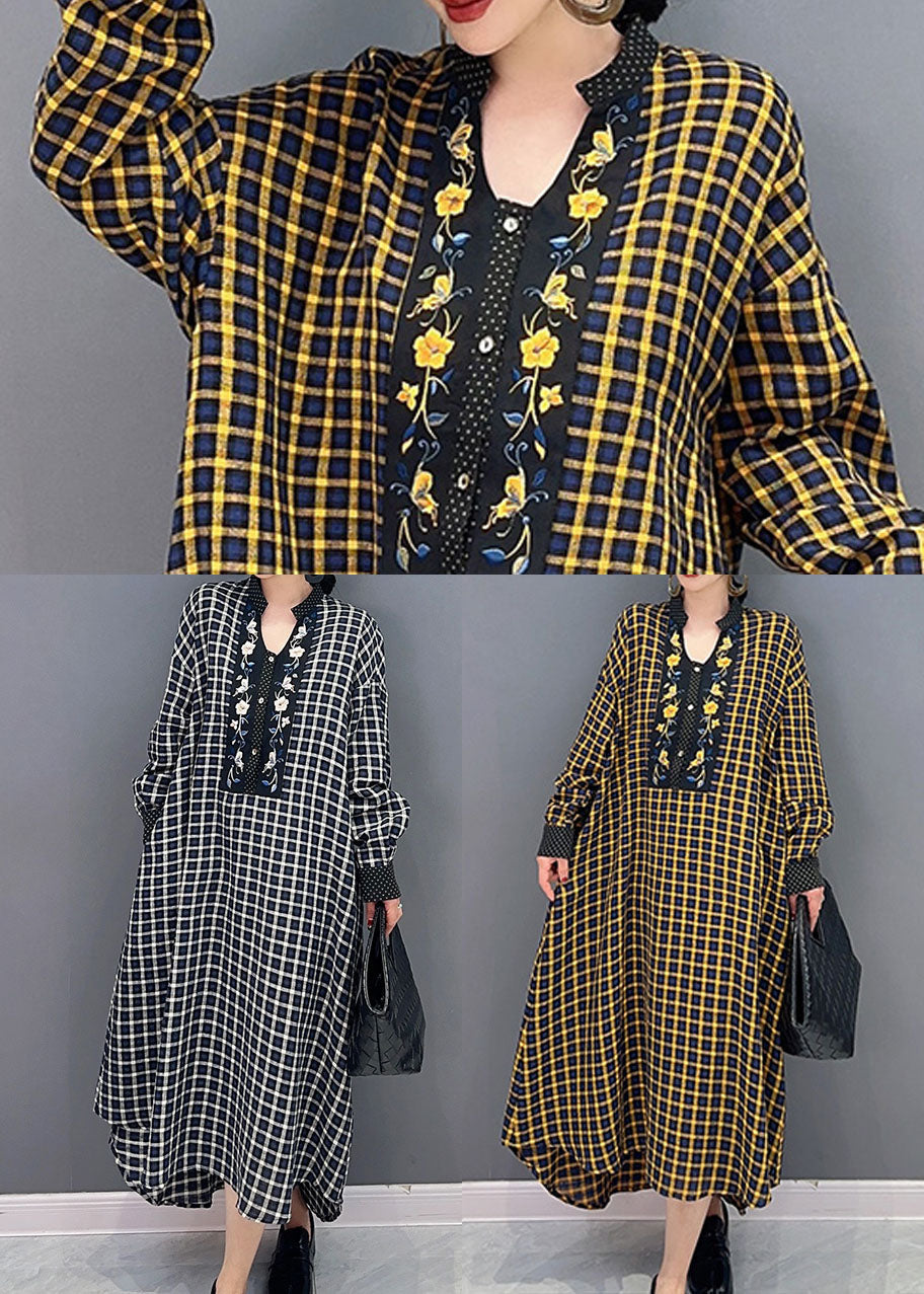 Black Plaid Cotton Robe Dresses Stand Collar Oversized Spring LY1573 - fabuloryshop