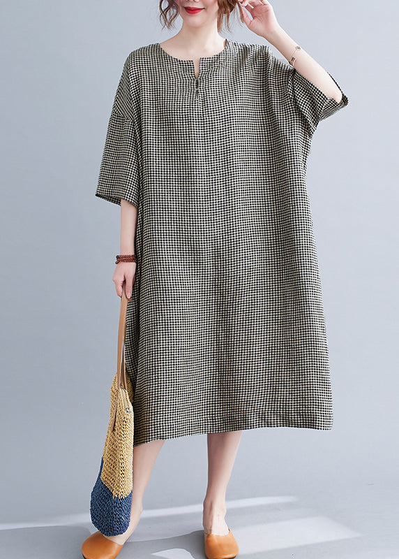 Black Plaid Linen Maxi Dress Oversized O-Neck Summer LY7308 - fabuloryshop