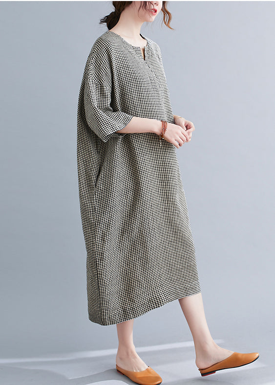 Black Plaid Linen Maxi Dress Oversized O-Neck Summer LY7308 - fabuloryshop