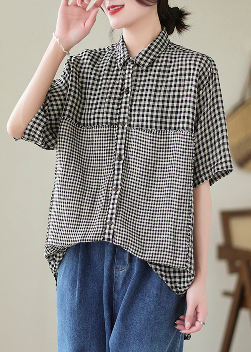 Black Plaid Patchwork Linen Blouse Top Oversized Summer LY5291 - fabuloryshop
