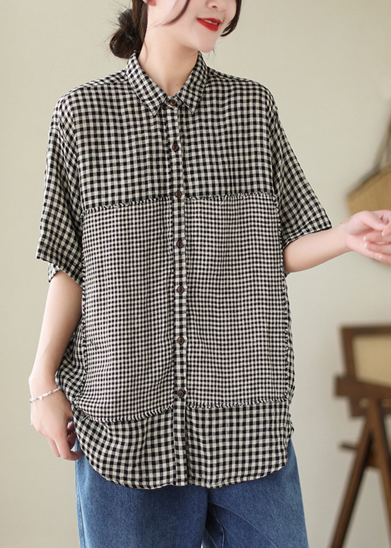 Black Plaid Patchwork Linen Blouse Top Oversized Summer LY5291 - fabuloryshop