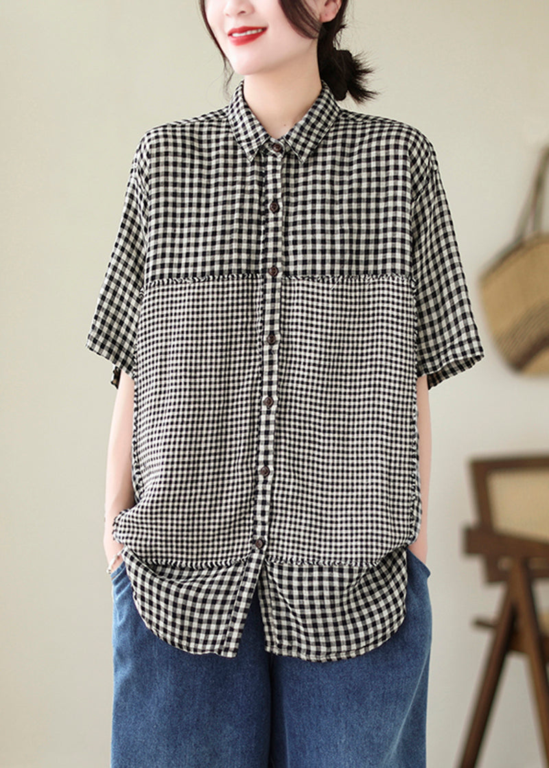 Black Plaid Patchwork Linen Blouse Top Oversized Summer LY5291 - fabuloryshop