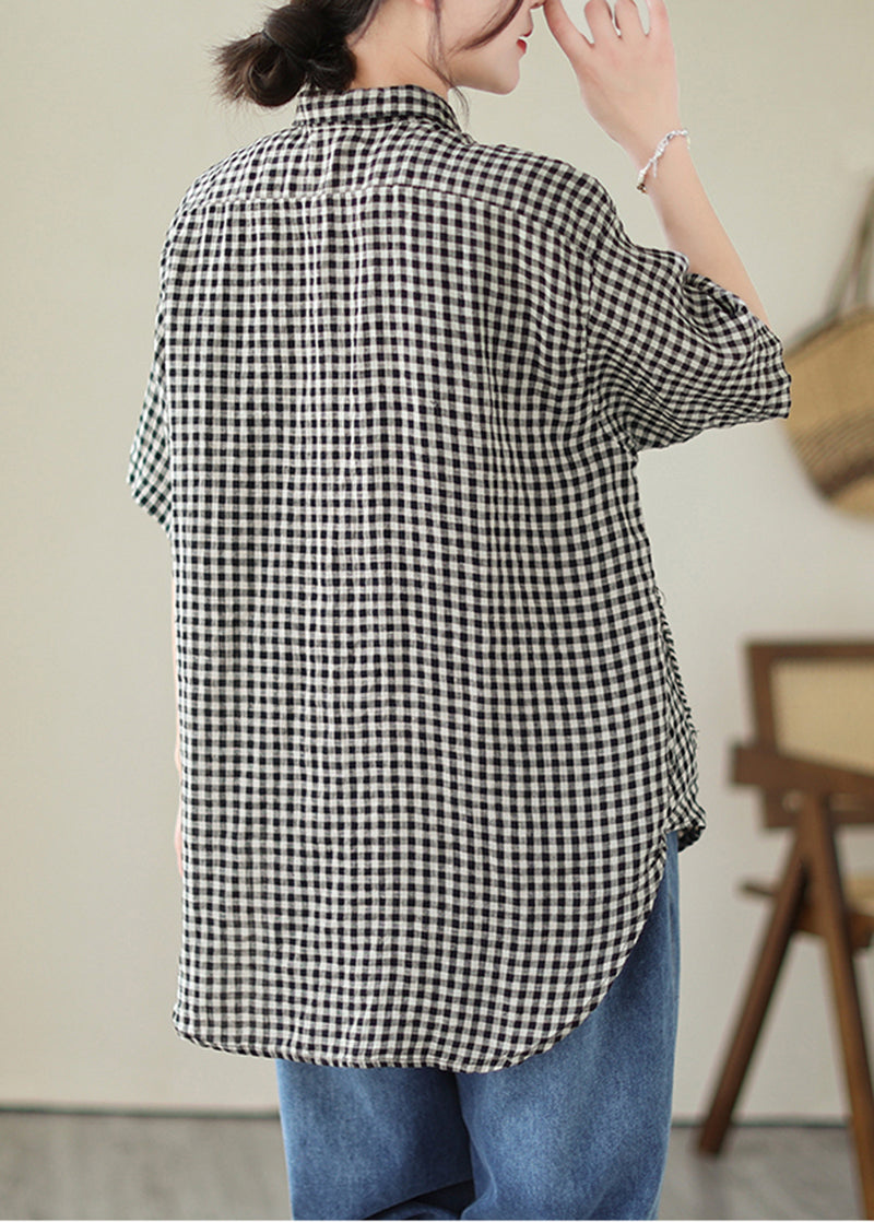 Black Plaid Patchwork Linen Blouse Top Oversized Summer LY5291 - fabuloryshop