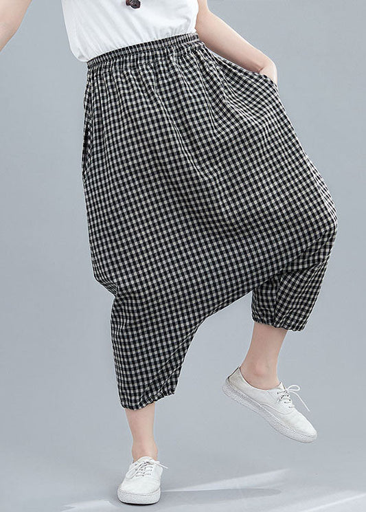 Black Plaid Pockets Patchwork Cotton Crop Pants Elastic Waist Summer LY5667 - fabuloryshop