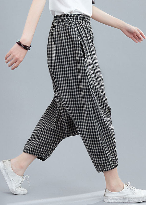 Black Plaid Pockets Patchwork Cotton Crop Pants Elastic Waist Summer LY5667 - fabuloryshop