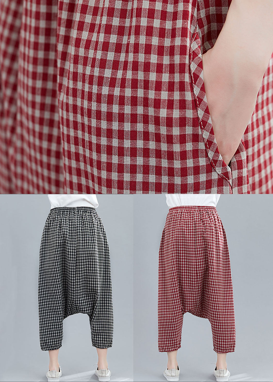 Black Plaid Pockets Patchwork Cotton Crop Pants Elastic Waist Summer LY5667 - fabuloryshop