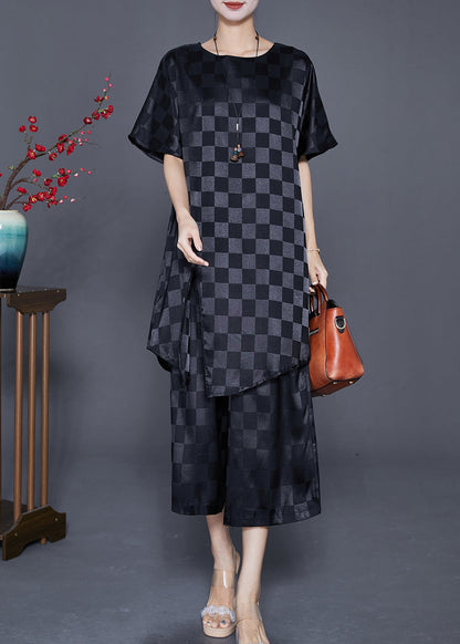 Black Plaid Silk Two-Piece Set O-Neck Side Open Summer LY7683